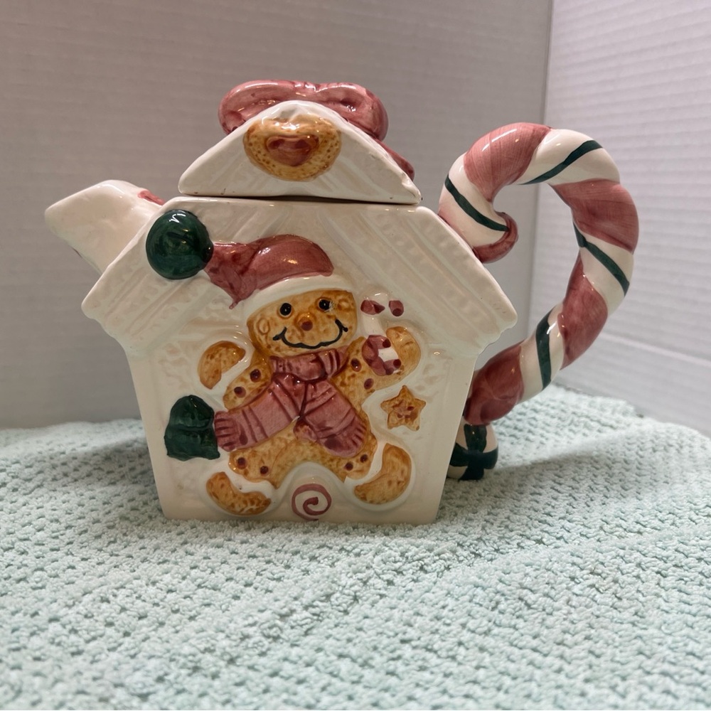 Festive Gingerbread House Teapot with Candy Cane Handle